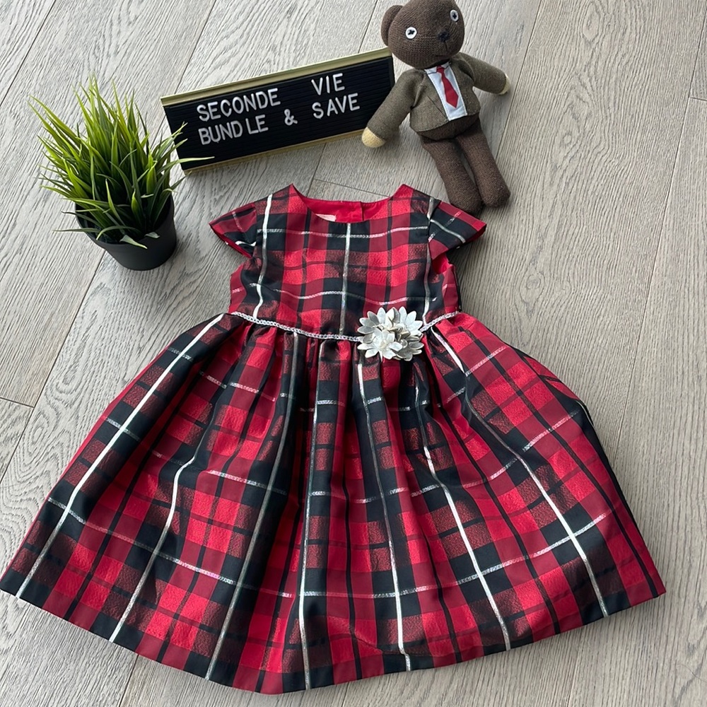 Metallic plaid red and black dress with tulle lining and silver floral detail